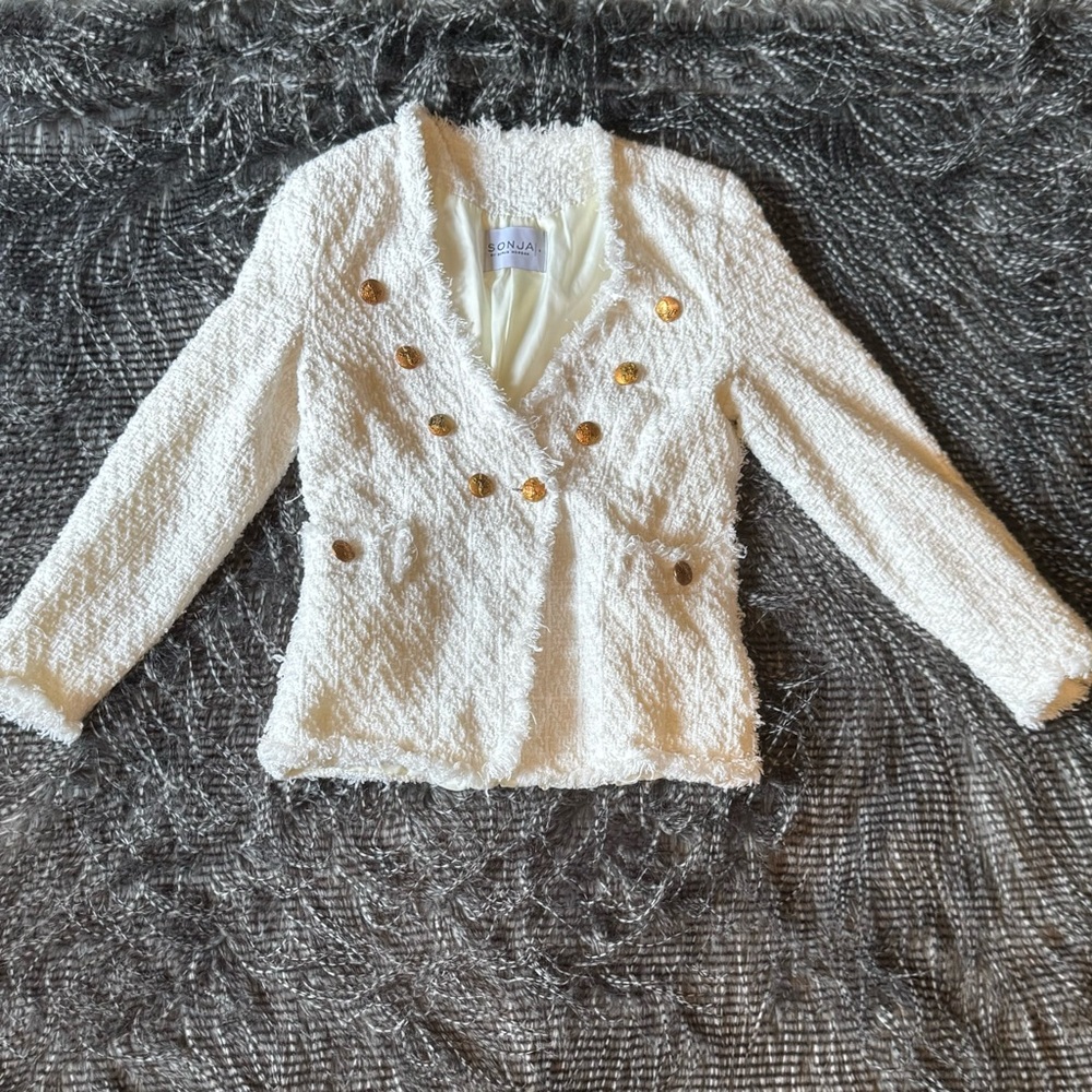 White Textured Blazer with Gold Buttons